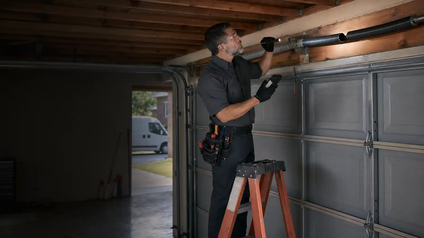 Garage door opener tracks rollers cables and spring hardware being inspected