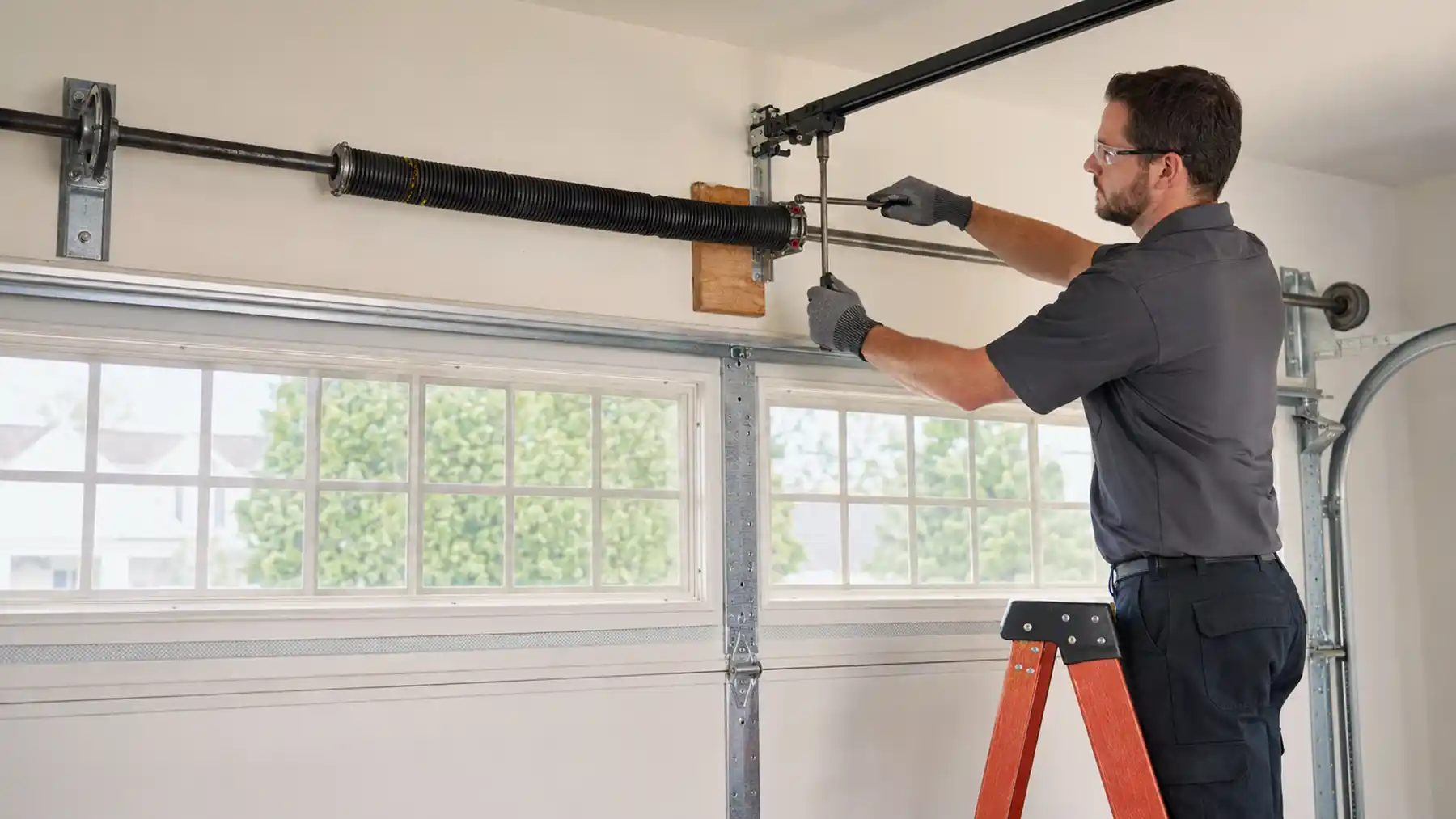 Garage door technician inspecting a residential garage door in Beavercreek Ohio